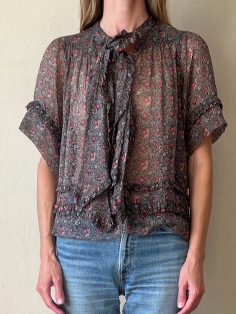 Mayle sheer floral tie neck blouse